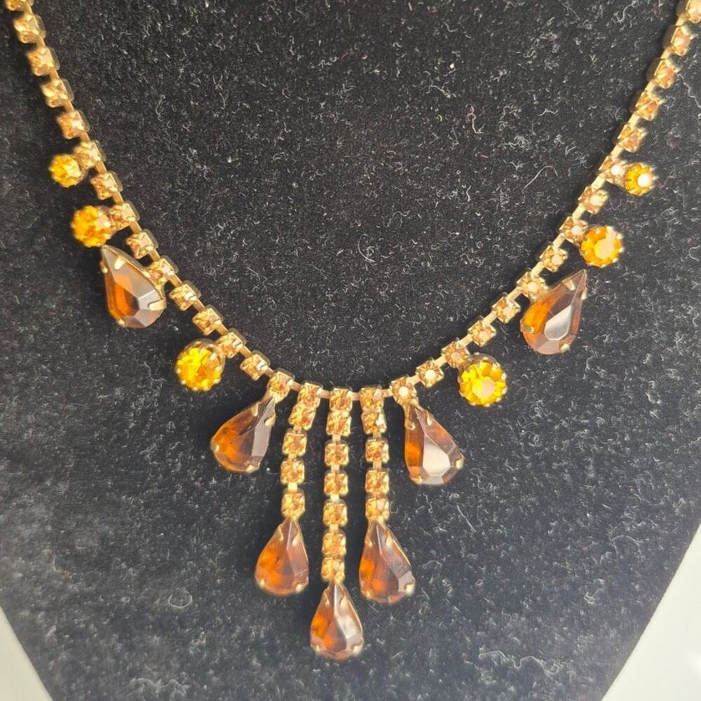 Vintage Mid-Century Amber Teardrop Choker Topaz Rhinestone Fringe Necklace 1950s